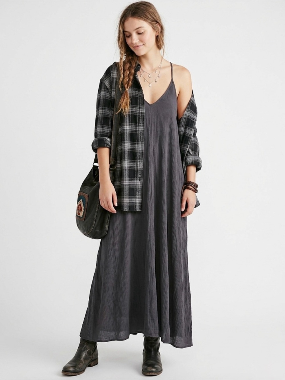 NWT Lovestitch Gauze Maxi Dress Charcoal Grey V-Neck Adjustable Straps S/M